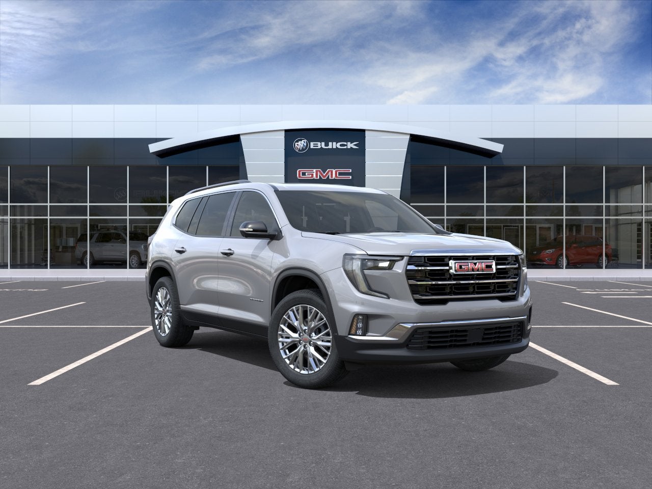 2026 GMC Acadia Elevation in Sterling Metallic — front three-quarter view