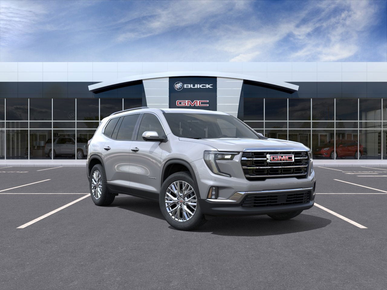 2026 GMC Acadia Elevation in Sterling Metallic — front three-quarter view